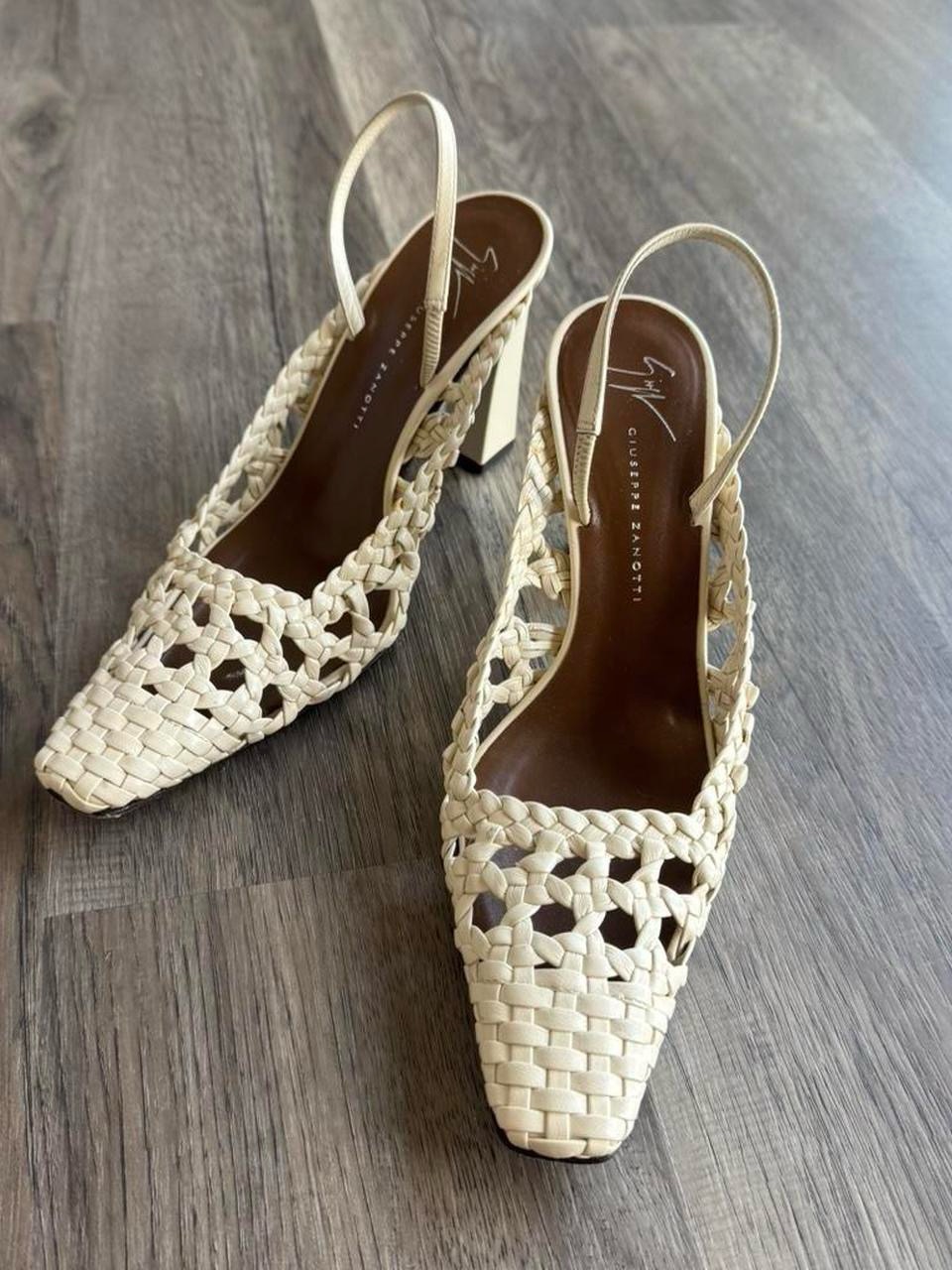 Giuseppe Zanotti Woven Cream Slingback Block Heels